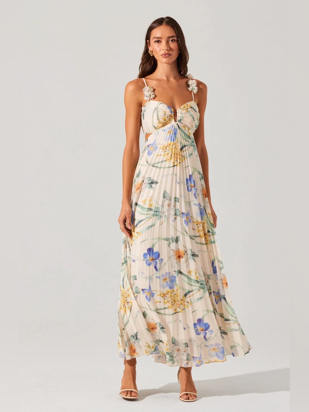 Astr Emese Floral Pleated Maxi Dress White Blue Green Floral Sz Xs